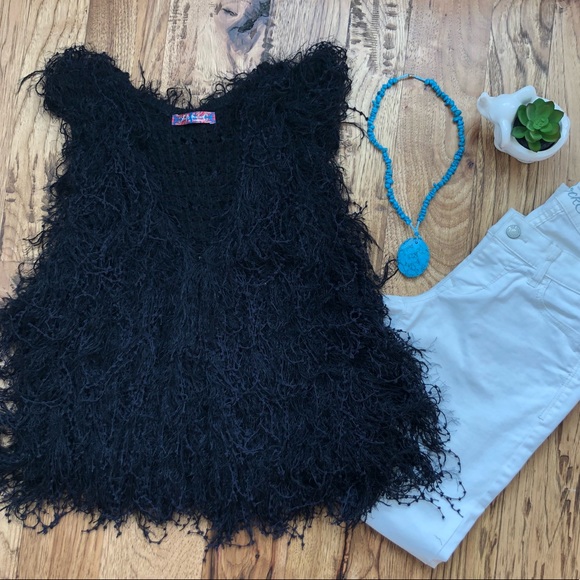 Black Fuzzy Shaggy Vest Faux Mohair Fur - Picture 1 of 5